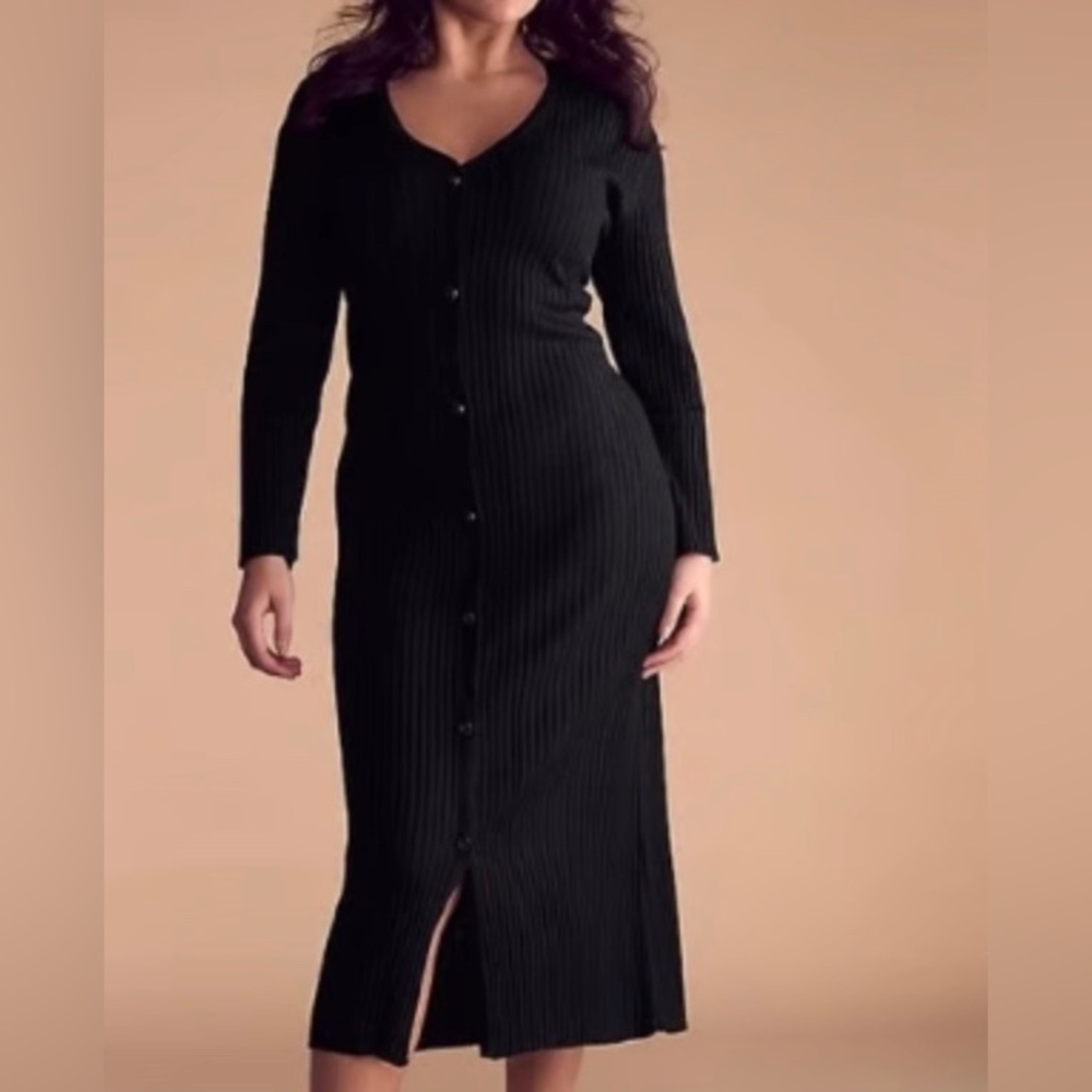 Victoria's Secret Black Ribbed Button-Front Long Sleeve Midi Dress - Picture 4 of 9